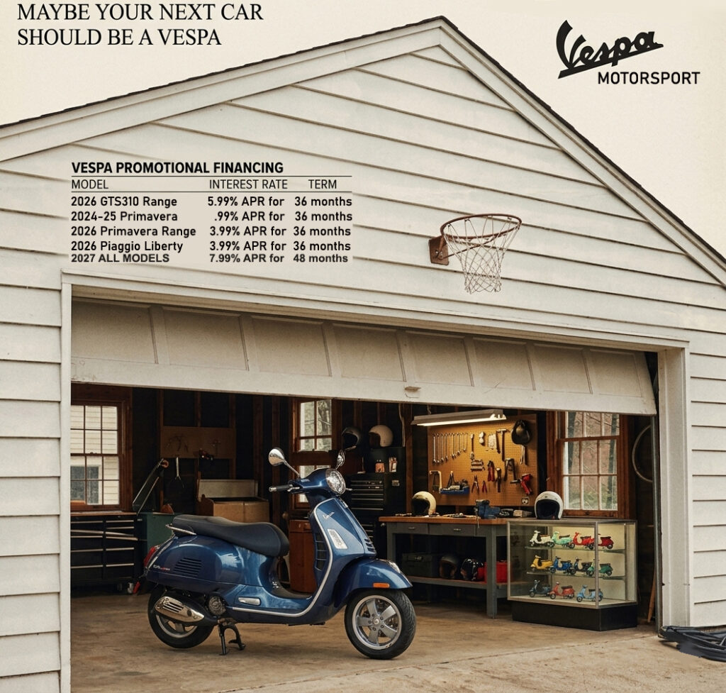 MAYBE YOUR NEXT CAR SHOULD BE A VESPA WITH UP TO 100 MPG!
